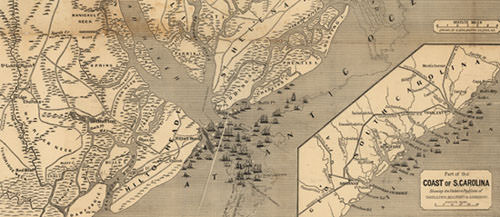 An 1861 map showing Union Navy ships gathered at Port Royal Sound.